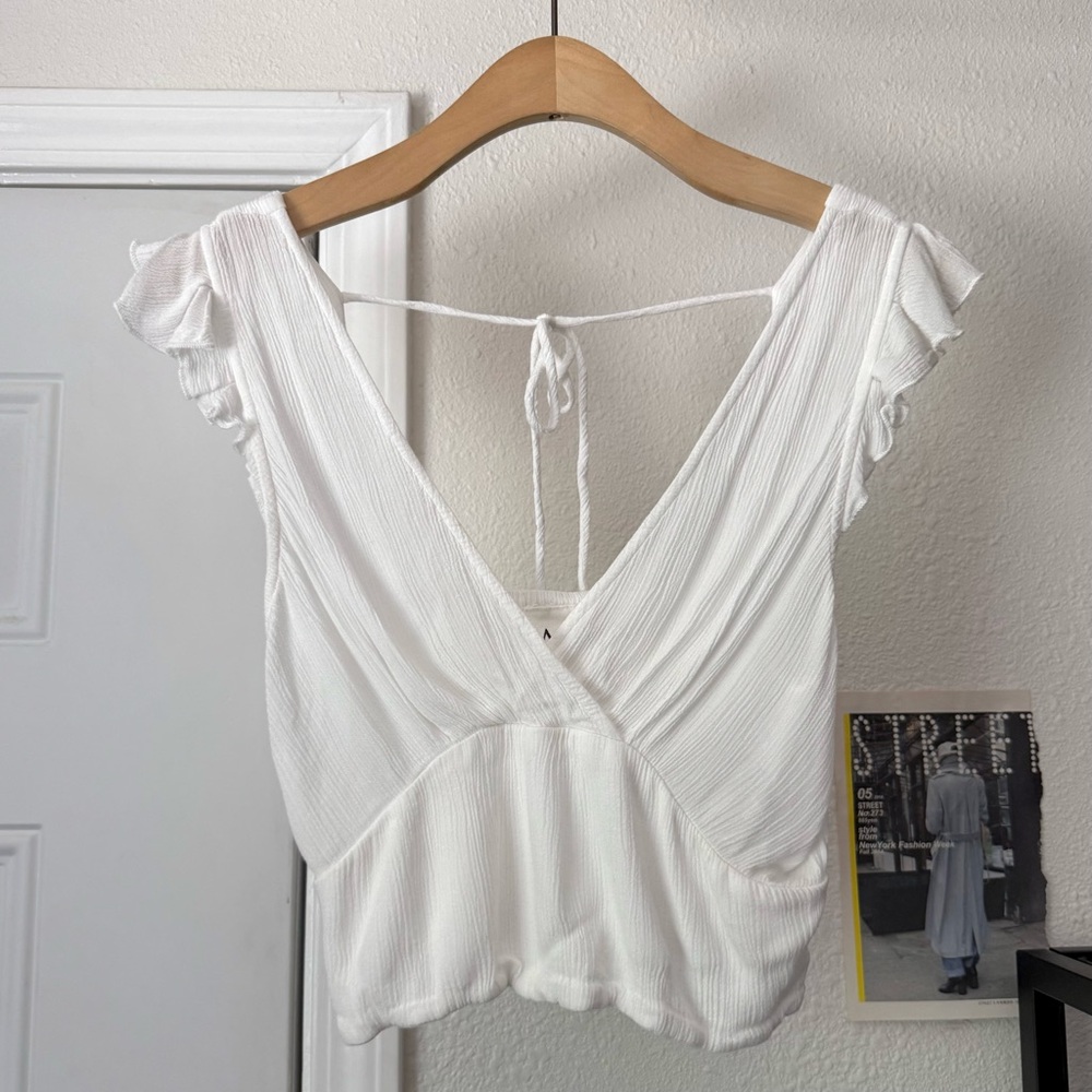 MIRA white viscose gauze‎ surplice tie back ruffle cropped blouse shirt